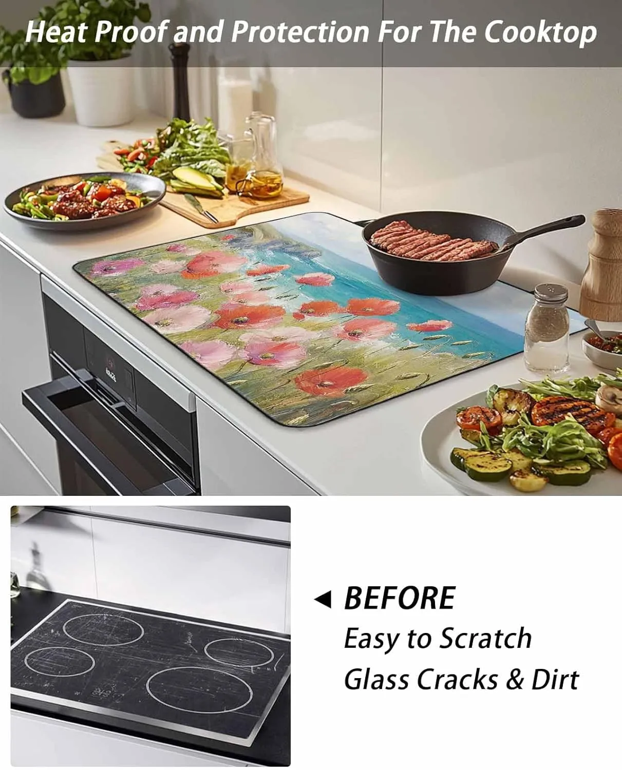 Stove Cover for Electric Cooktops 28.5"x20.5" Non-Slip Foldable Protector Retro Pastoral Concubine Plants Oil Painting Scratchproof Rubber Mat for All Electric Stove Models