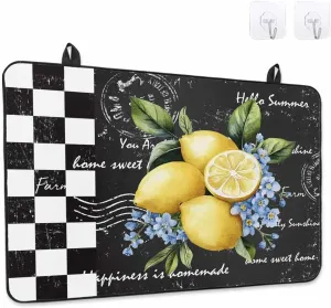 Stove Cover for Electric Cooktops 28.5"x20.5" Non-Slip Foldable Protector Vintage Lemon Blue Flowers Black And White Check Farmhouse Scratchproof Rubber Mat for All Electric Stove Models