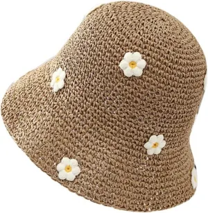 Straw Bucket Hat for Women Foldable Sun Hat Wide Brim Flower Beach Hat Floppy Bucket Hat