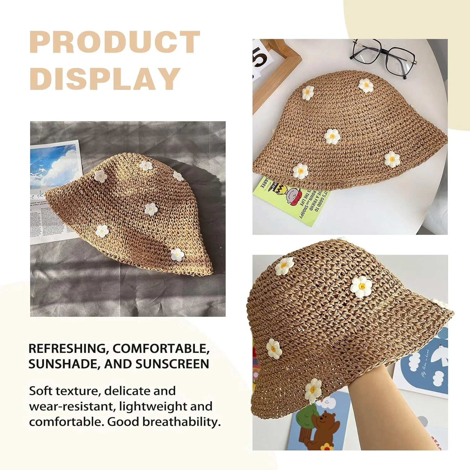 Straw Bucket Hat for Women Foldable Sun Hat Wide Brim Flower Beach Hat Floppy Bucket Hat