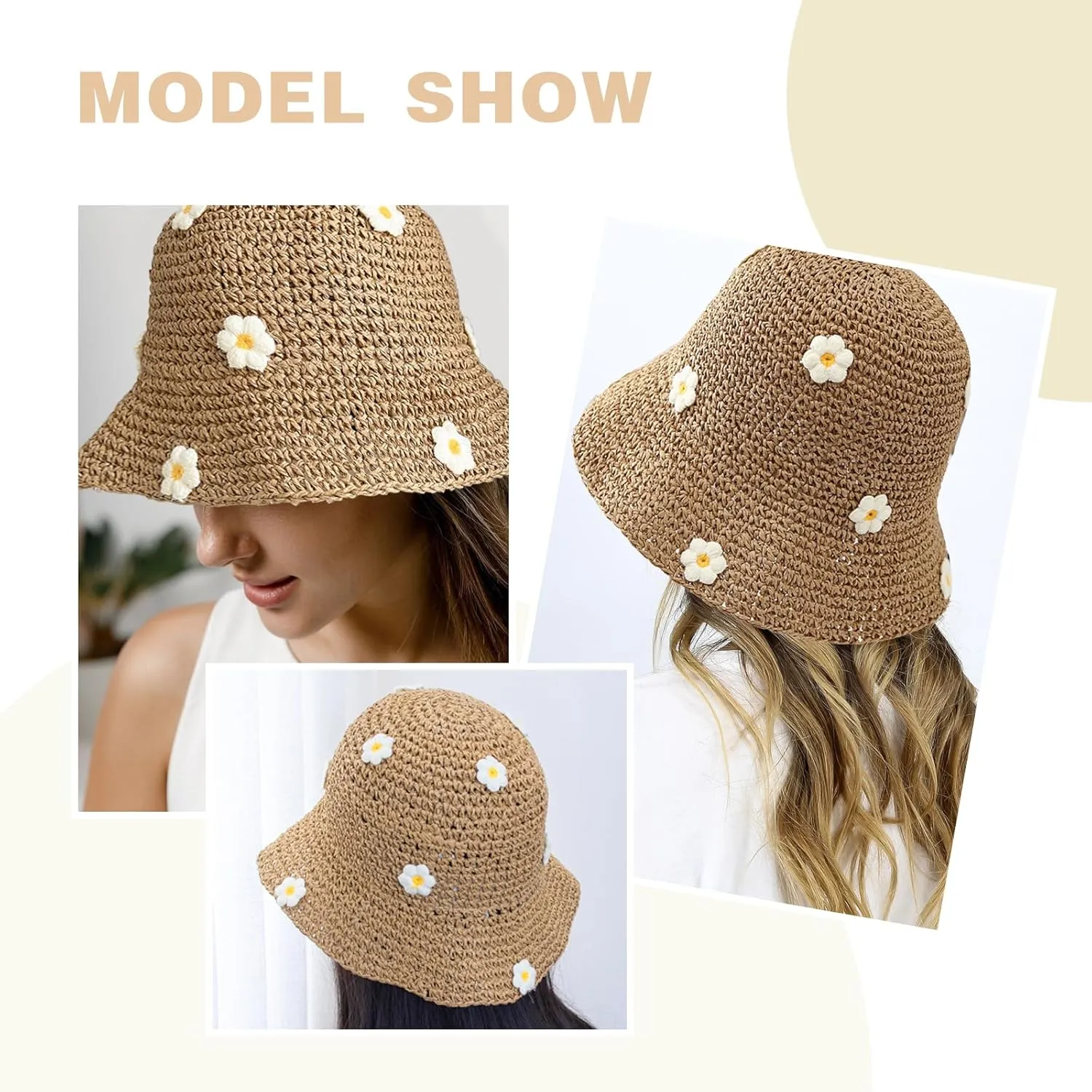 Straw Bucket Hat for Women Foldable Sun Hat Wide Brim Flower Beach Hat Floppy Bucket Hat
