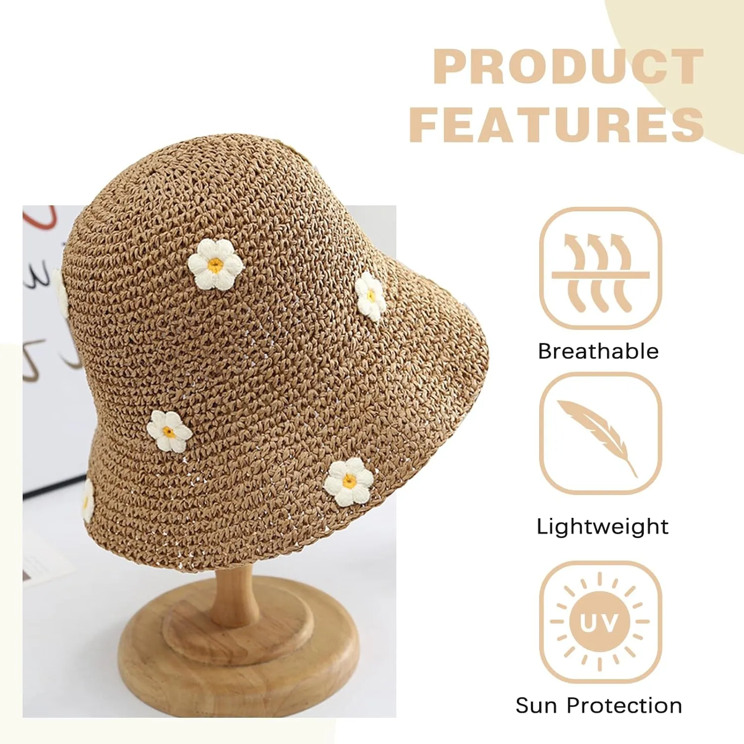 Straw Bucket Hat for Women Foldable Sun Hat Wide Brim Flower Beach Hat Floppy Bucket Hat