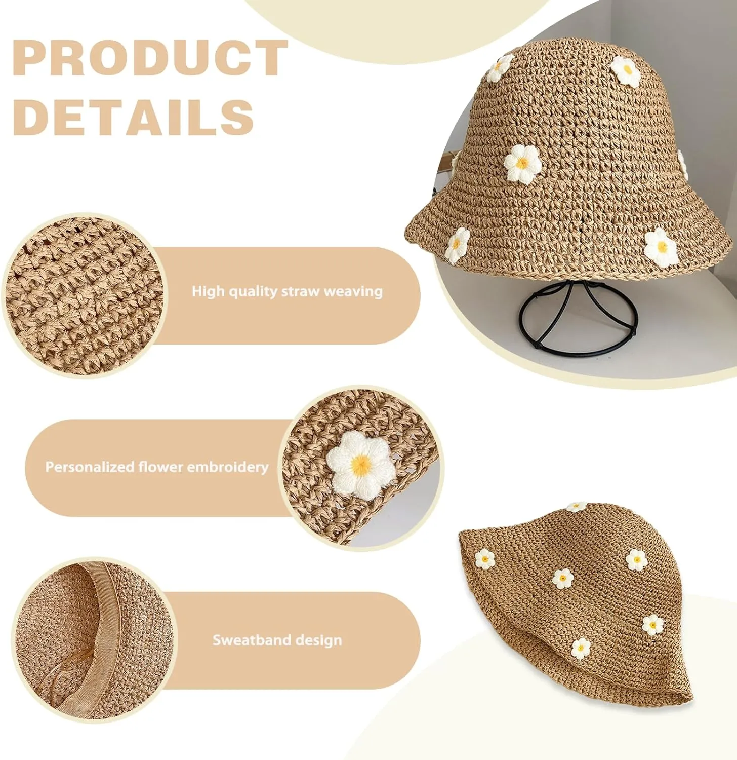 Straw Bucket Hat for Women Foldable Sun Hat Wide Brim Flower Beach Hat Floppy Bucket Hat