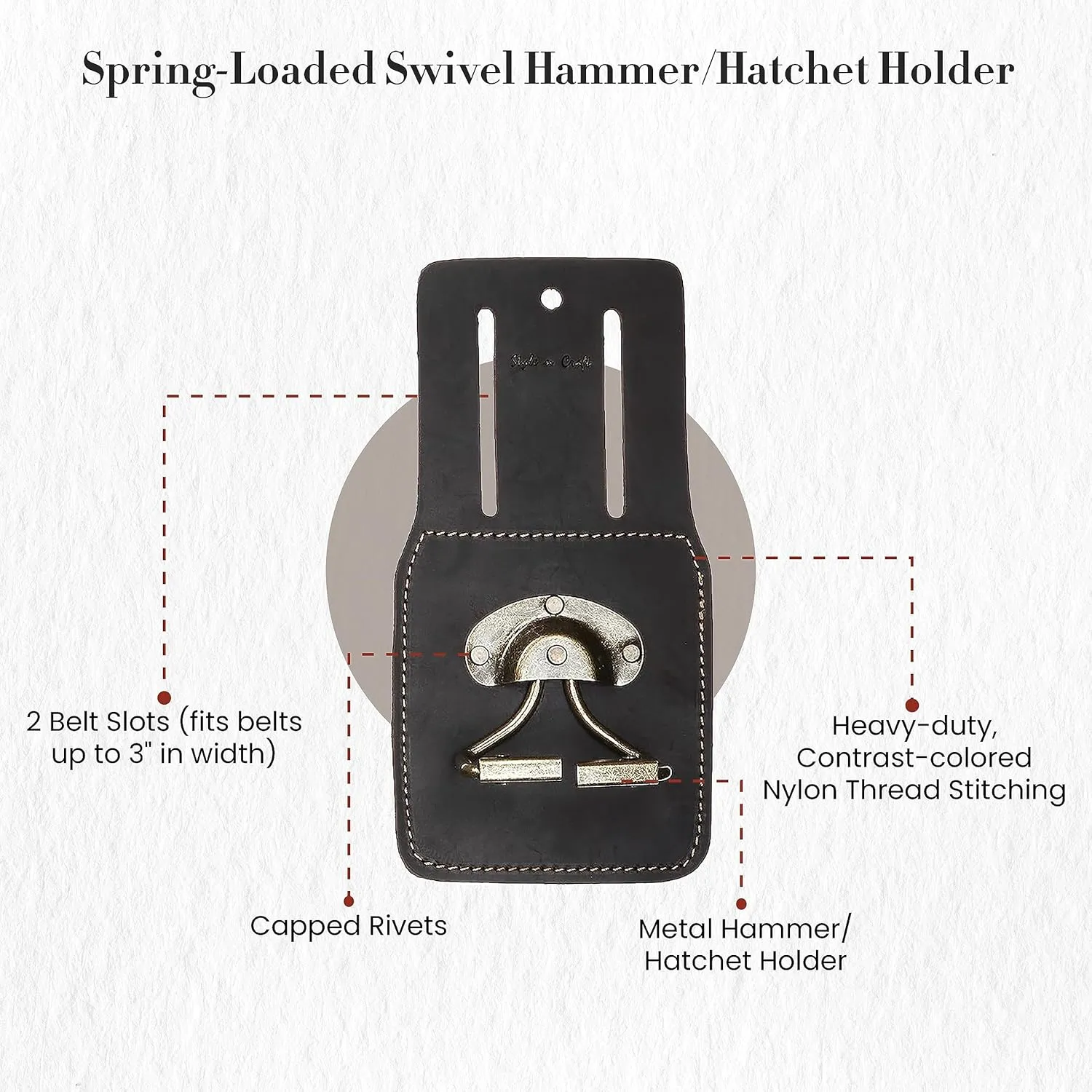 Style n Craft Spring-Loaded Swivel Hammer Holder, Full-Grain Oiled Leather Hatchet Holder, Compatible with All Types of Hammers and Hatchets, Dark Brown (74440)