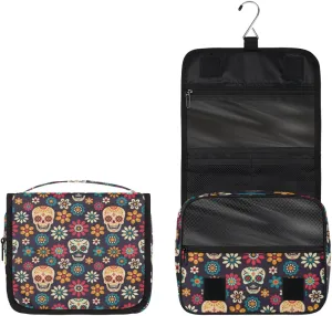 Sugar Skulls Flowers Toiletry Bag with Hanging Hook Travel Organizer Makeup Bag for Women Waterproof Accessories Toiletries Travel Essentials Personalized Birthday Valentines Day Gifts