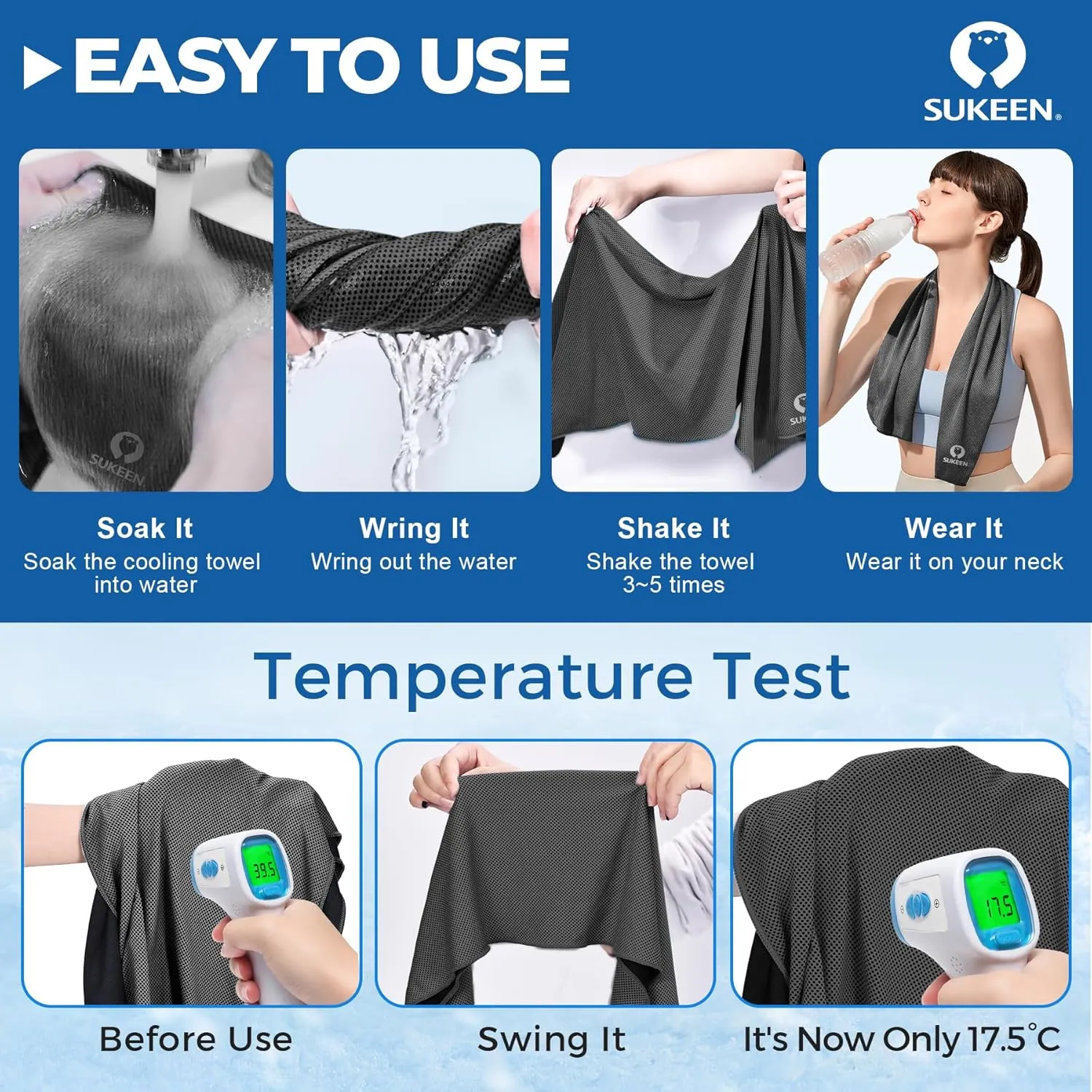 Sukeen 10 Pack Cooling Towels (40"x12"), Neck and Face, Microfiber Cool Towel, Soft Breathable Chilly Towel for Yoga, Golf, Gym, Camping, Running, Workout & More Activities