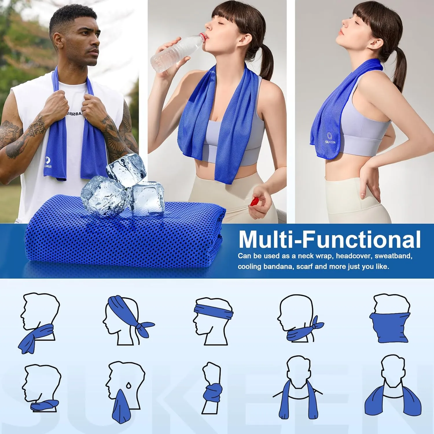 Sukeen 10 Pack Cooling Towels (40"x12"), Neck and Face, Microfiber Cool Towel, Soft Breathable Chilly Towel for Yoga, Golf, Gym, Camping, Running, Workout & More Activities
