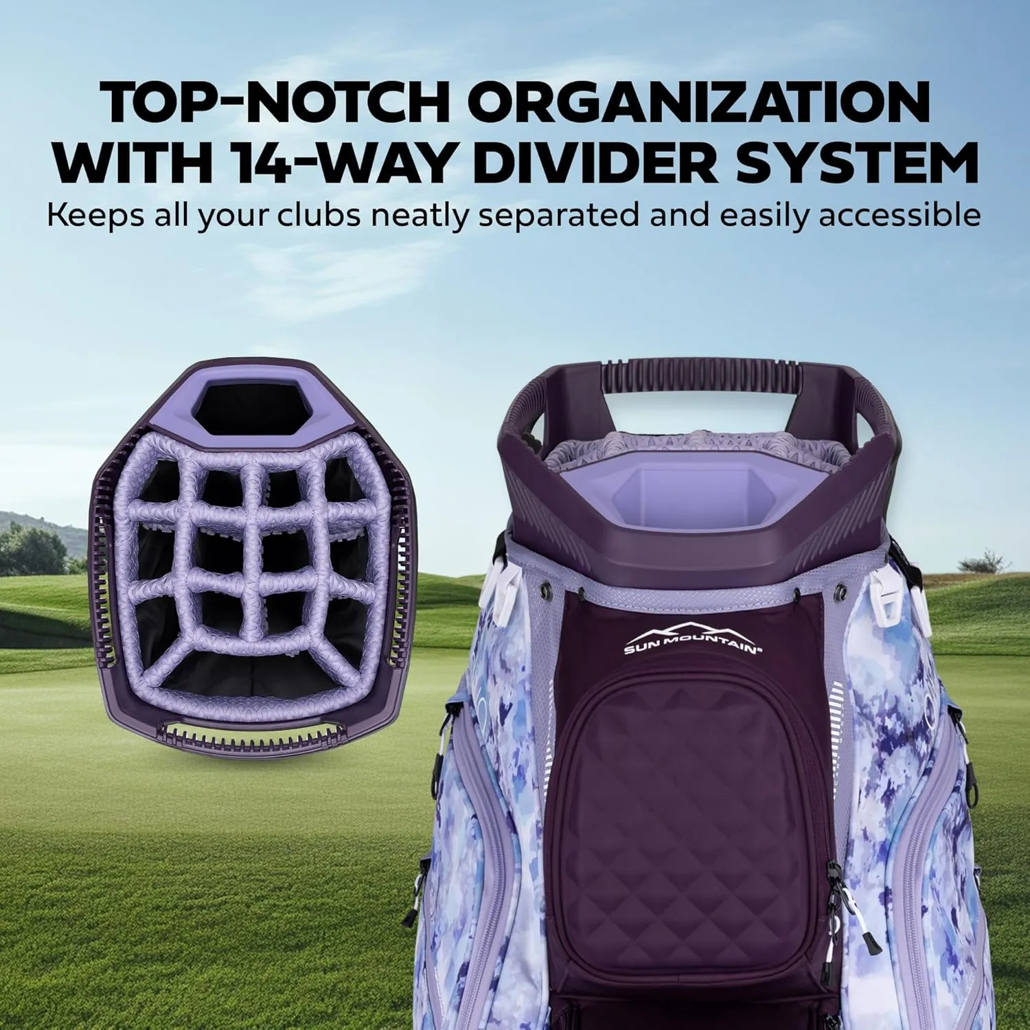 Sun Mountain 2025 Diva 14 Way Divider Golf Bag with 8 Spacious Pockets - Stylish Women's Lightweight Golf Cart Bag with Comfortable Carry Strap for a Seamless Golf Experience