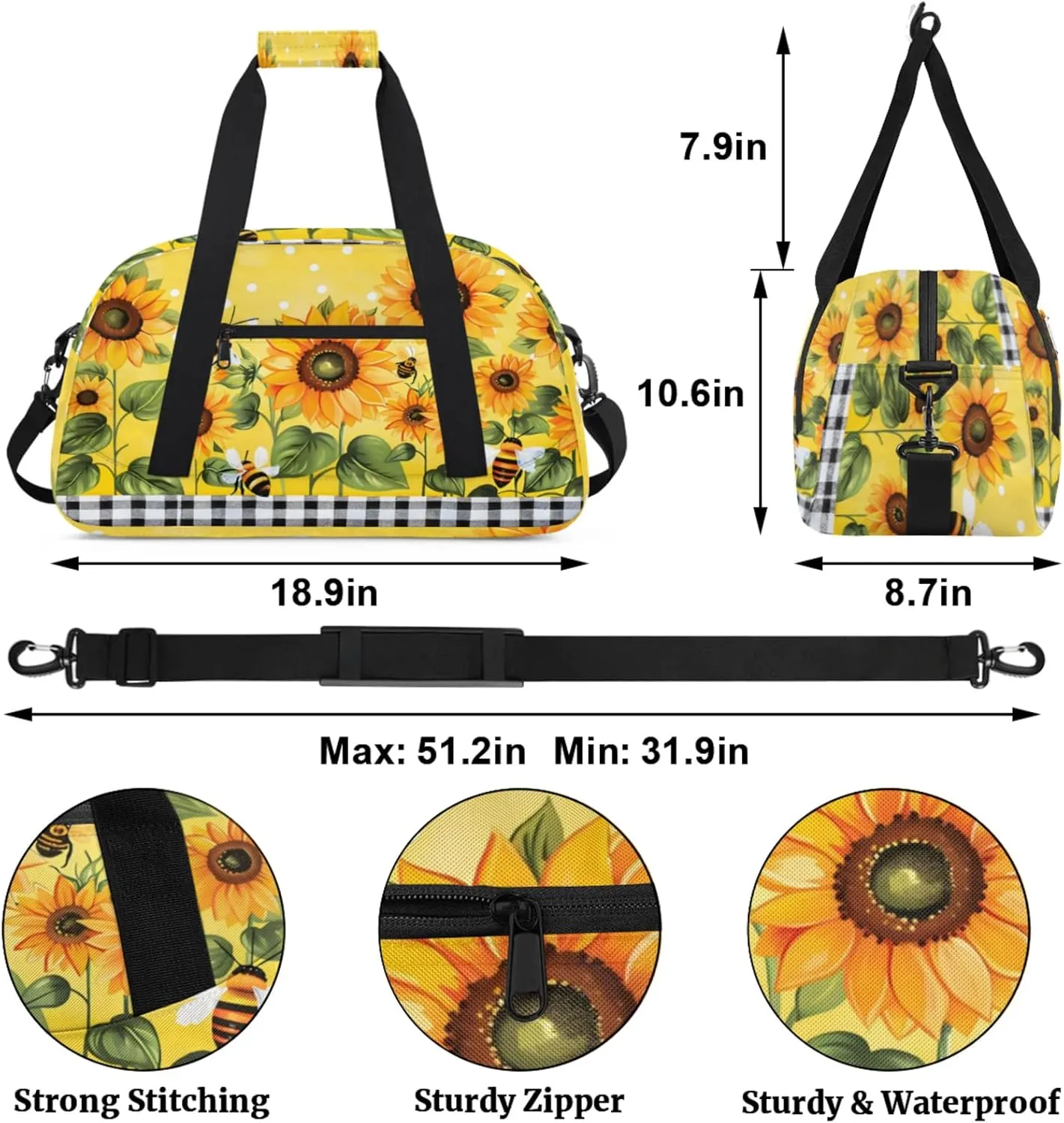 Sunflower Floral Gym Bag for Women Men, Sports Travel Duffel Bag Lightweight Workout Bag Carry On Overnight Weekender Bag