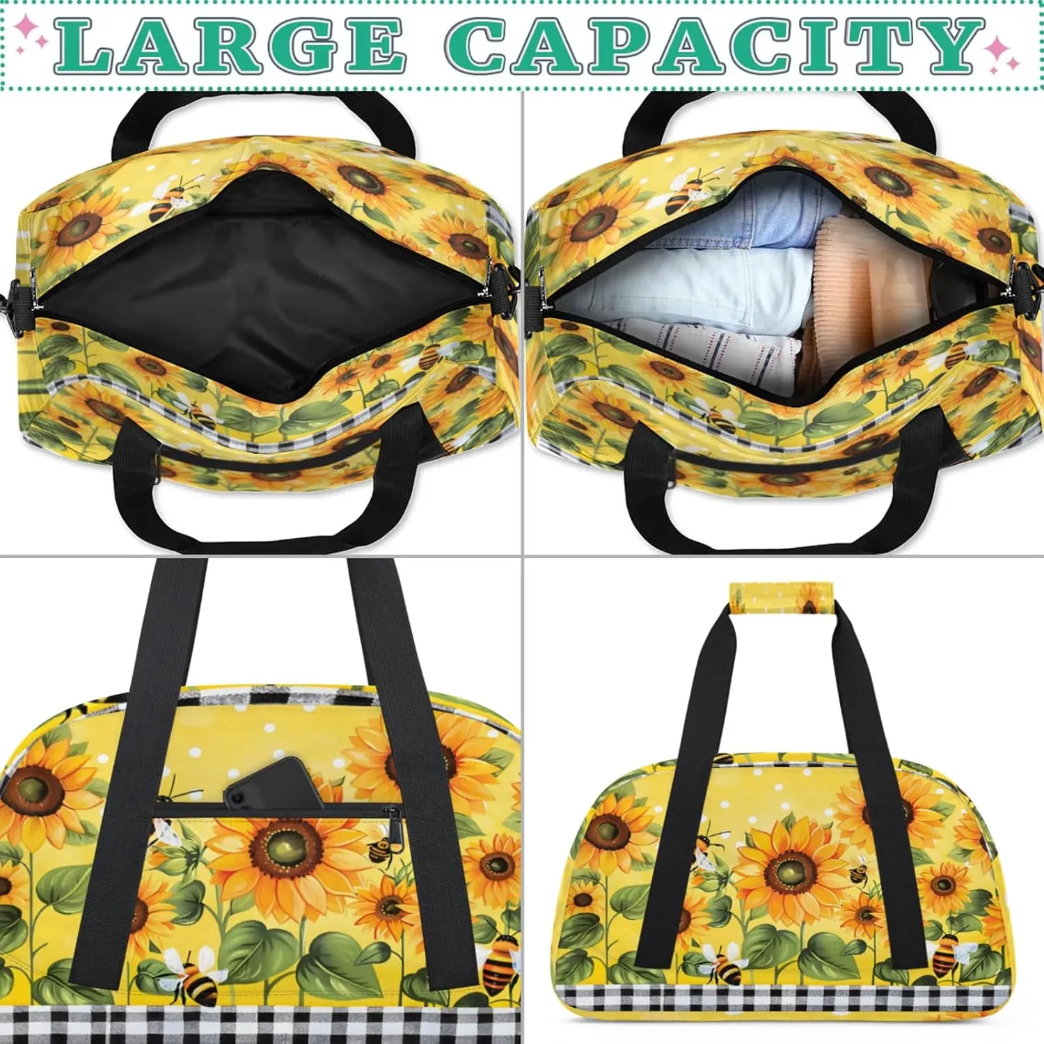 Sunflower Floral Gym Bag for Women Men, Sports Travel Duffel Bag Lightweight Workout Bag Carry On Overnight Weekender Bag