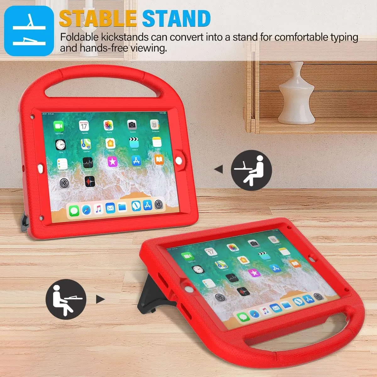 SUPLIK Kids Case for iPad 5th/6th Generation(9.7 inch, 2017/2018), iPad Air 2/1 & Pro 9.7 Case with Screen Protector, Durable Protective Cover with Handle Stand for Apple iPad 5/6 Gen, Red