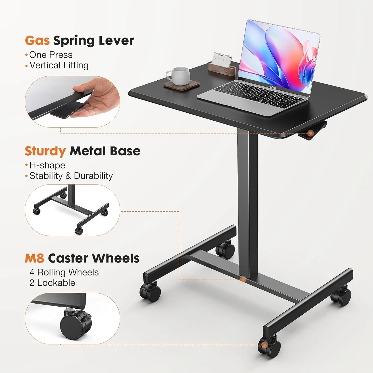 Sweetcrispy Mobile Small Standing Desk - Sit Stand Portable Rolling Laptop Desk with Lockable Wheels, Adjustable Height Computer Workstations, Modern Black