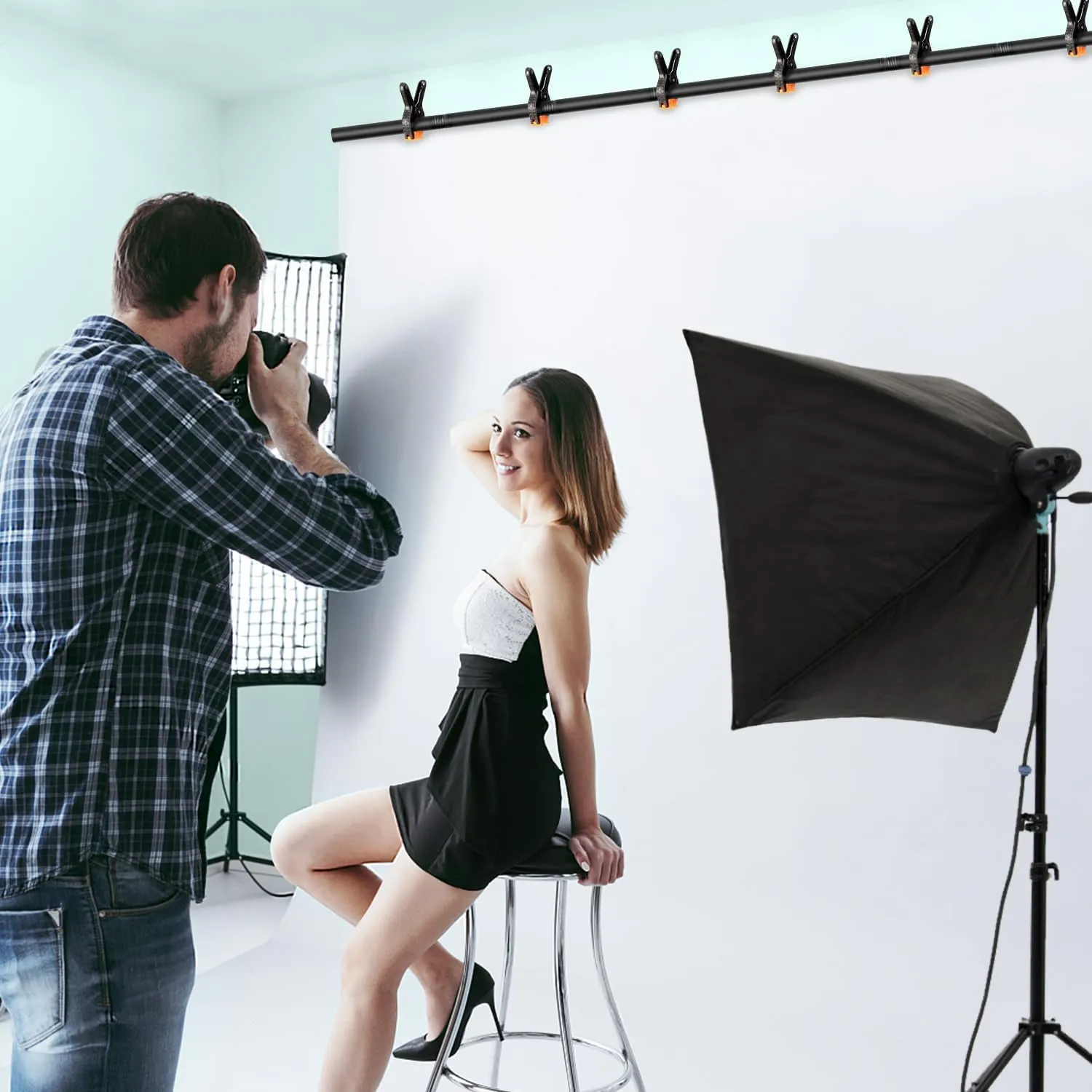 T-Shape Backdrop Stand Kit - 8 x 5.3ft Adjustable Photo Backdrop Stand - Portable Sturdy Back Drop Stand for Photoshoots, Parties, Wedding and Decoration with 6 Spring Clamps, Sandbag, Carry Bag