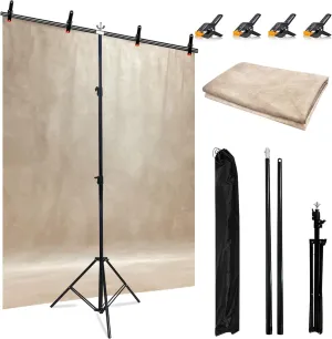 T-Shaped Backdrop Stand with 6.5 x 5ft Abstract Beige Backdrop, Adjustable Stand Kit with 4 Spring Clamps, Portable Handbag (2 in 1)