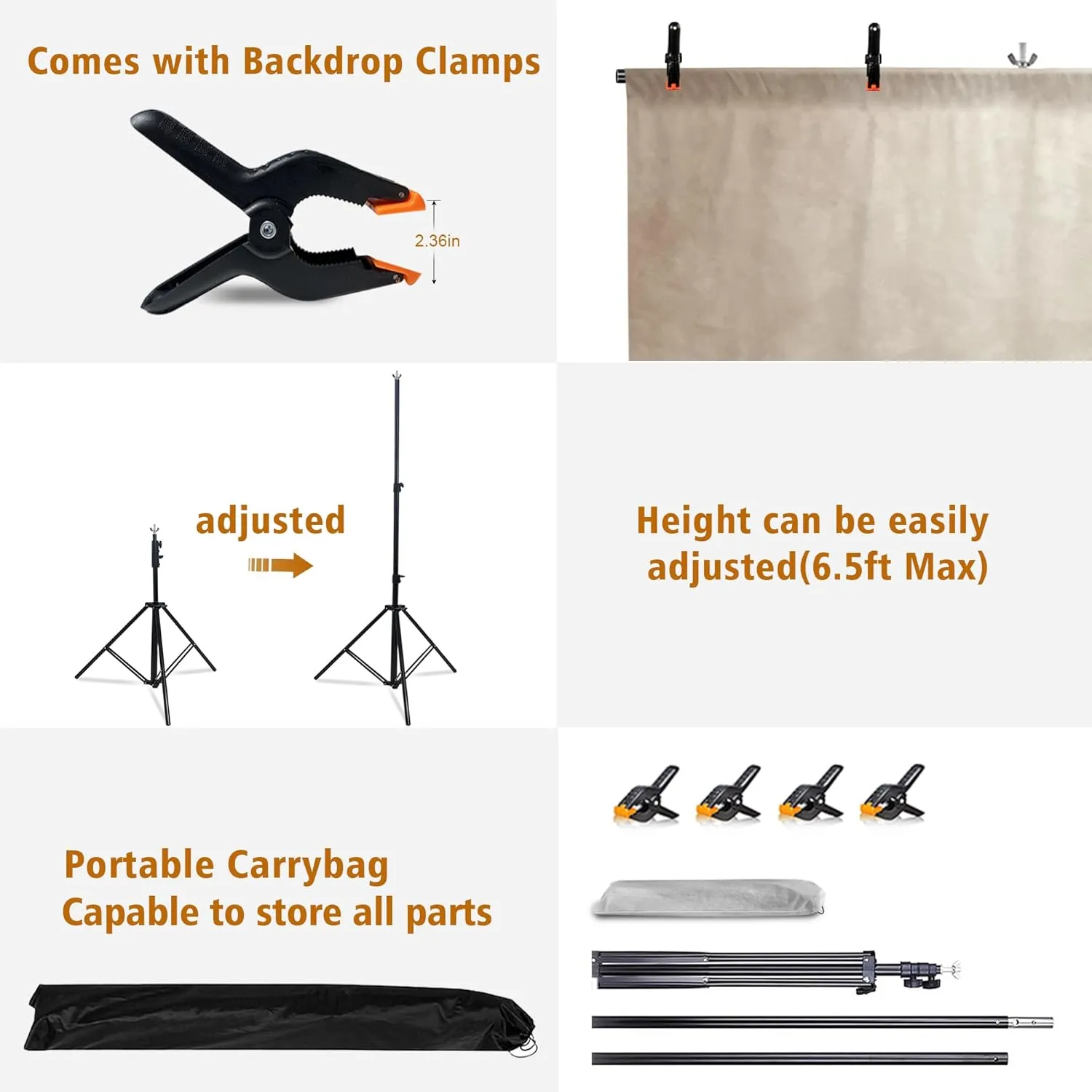T-Shaped Backdrop Stand with 6.5 x 5ft Abstract Beige Backdrop, Adjustable Stand Kit with 4 Spring Clamps, Portable Handbag (2 in 1)