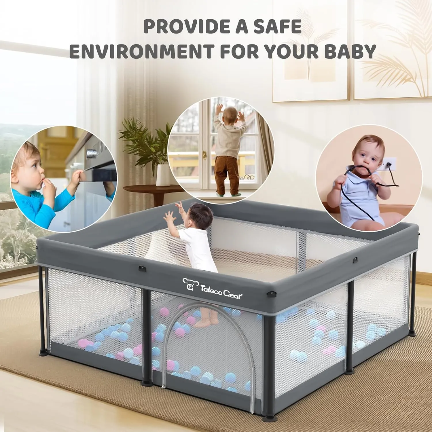 Taleco Gear Foldable Baby Play Pen with Mat, 50''x50'' Playpen for Babies and Toddlers, Playpen for Baby with Gate, Breathable,Foldable Travel Play Pen with 50 Ocean Balls