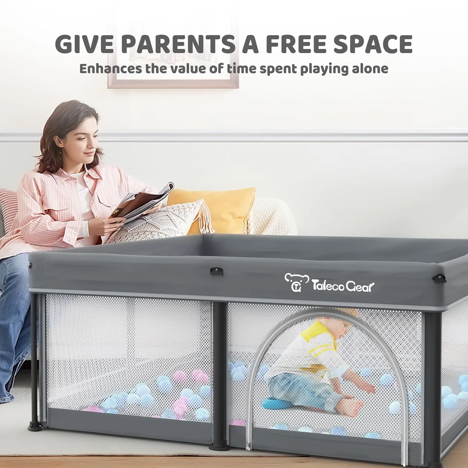 Taleco Gear Foldable Baby Play Pen with Mat, 50''x50'' Playpen for Babies and Toddlers, Playpen for Baby with Gate, Breathable,Foldable Travel Play Pen with 50 Ocean Balls