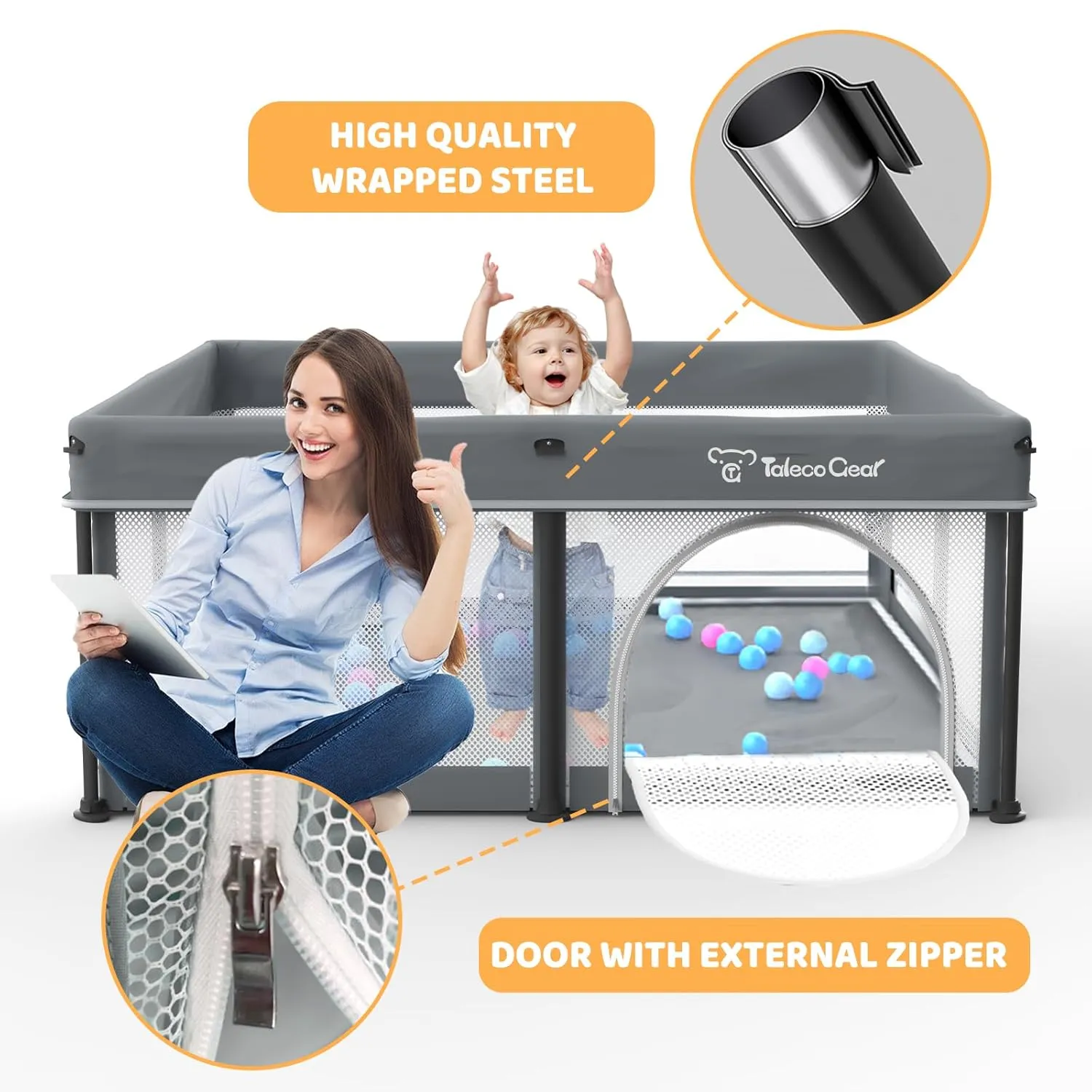 Taleco Gear Foldable Baby Play Pen with Mat, 50''x50'' Playpen for Babies and Toddlers, Playpen for Baby with Gate, Breathable,Foldable Travel Play Pen with 50 Ocean Balls