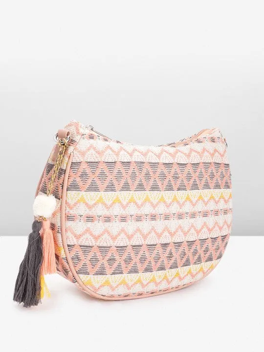 Textured Self Design Half Moon Sling Bag with Tasselled Detail