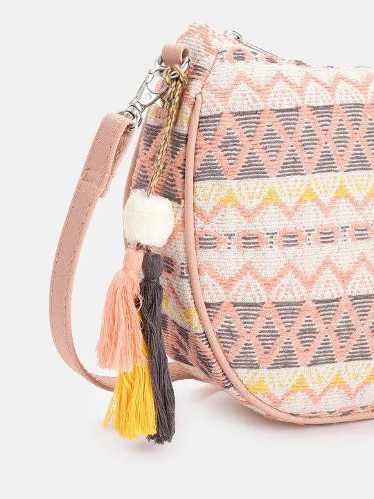 Textured Self Design Half Moon Sling Bag with Tasselled Detail