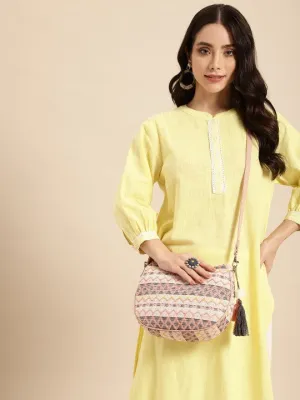 Textured Self Design Half Moon Sling Bag with Tasselled Detail