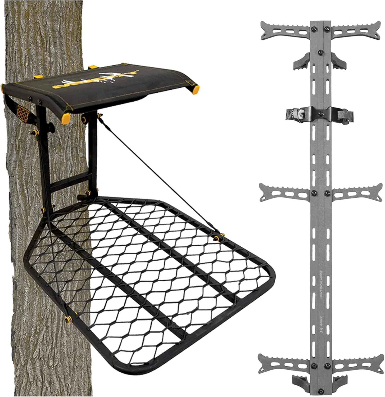 The Boss Wide Stance Hang-On 1-Person Tree Stand Platform & Hawk Helium Set of 3 Hunting Portable Climbing Sticks with Fold-Up Steps