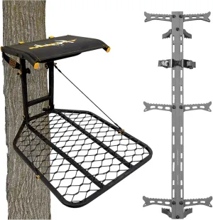 The Boss Wide Stance Hang-On 1-Person Tree Stand Platform & Hawk Helium Set of 3 Hunting Portable Climbing Sticks with Fold-Up Steps