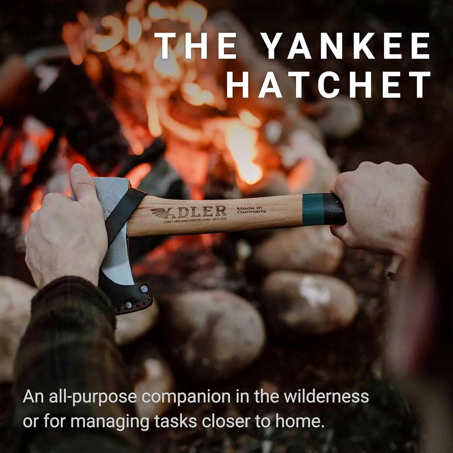 The Yankee, 15", German Forged, All-Purpose Wilderness Camping Hatchet & Kindling Splitting, Anti-Slip Wood Handle (Red Stripe)
