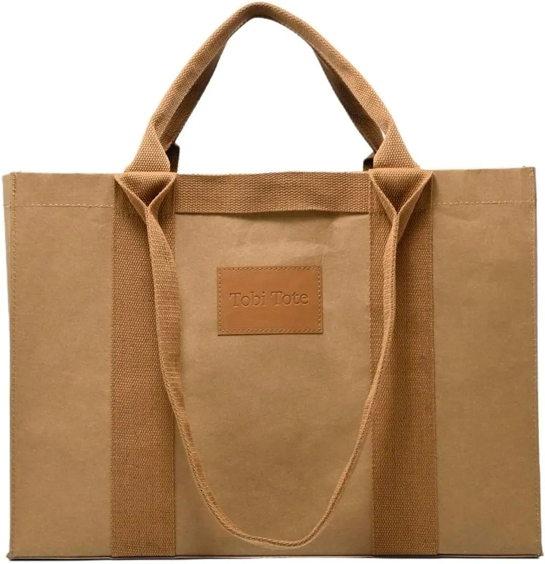 Three Sizes Washable Reusable Kraft Paper Tobi Tote Bag. Strong, Lightweight, Folds Like Paper and Strong Like Leather.
