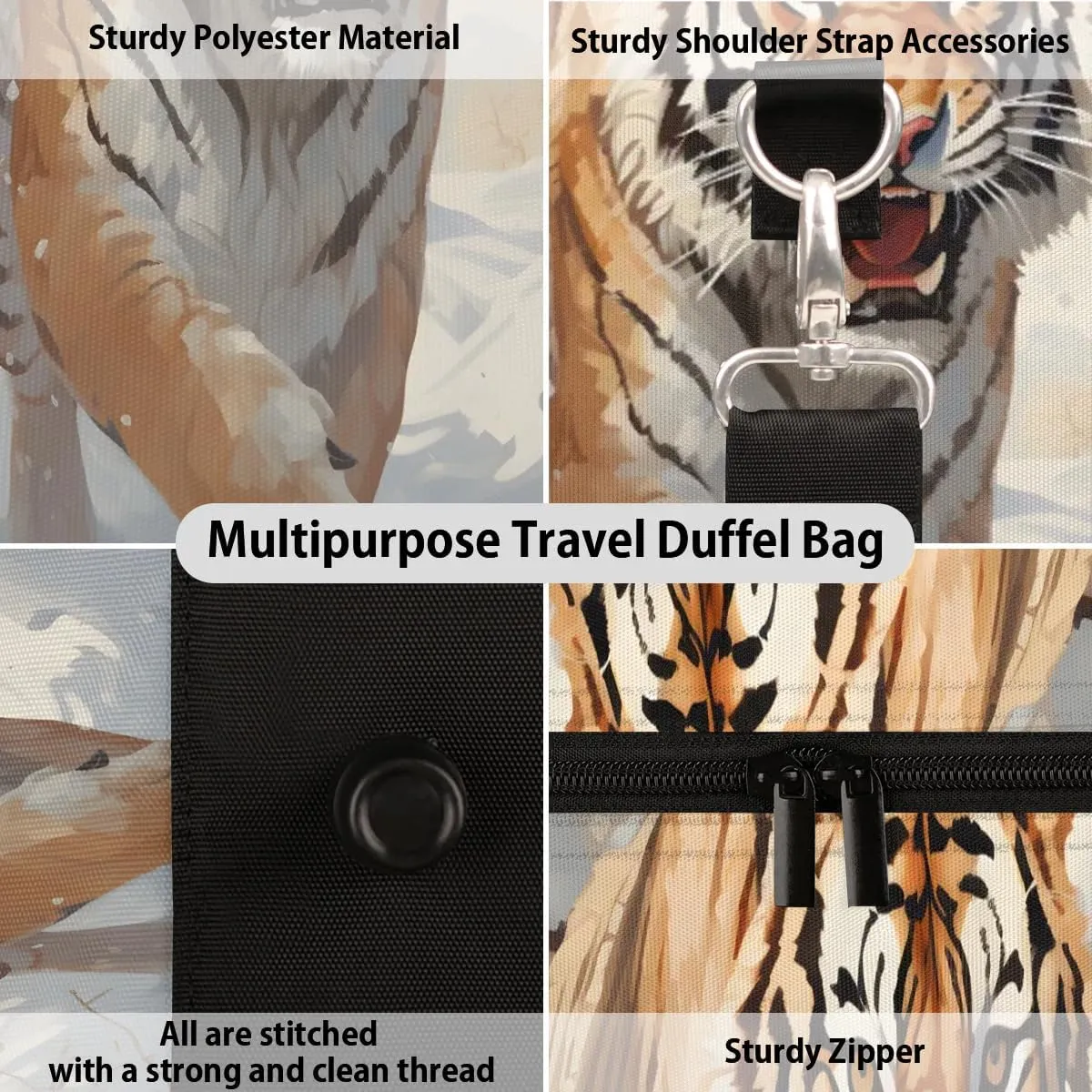 Tiger Travel Duffel Bag for Women Men Waterproof Foldable Overnight Weekender Bag Large Capacity Sports Gym Bag