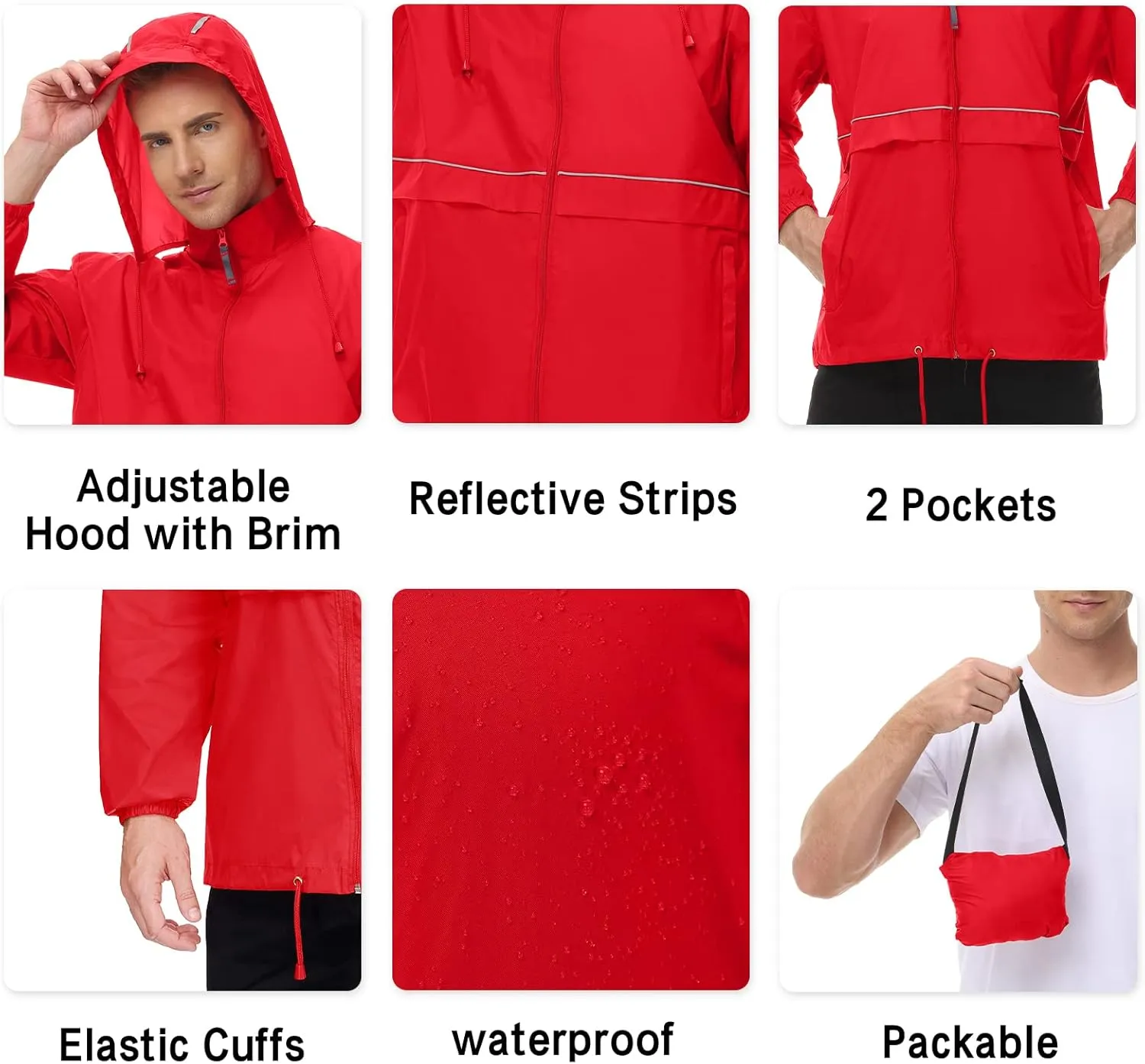 TIHEEN Men's Rain Jacket Cycling Running Jackets Waterproof Raincoat with Hood Windbreaker Hiking Jacket Rain Coat