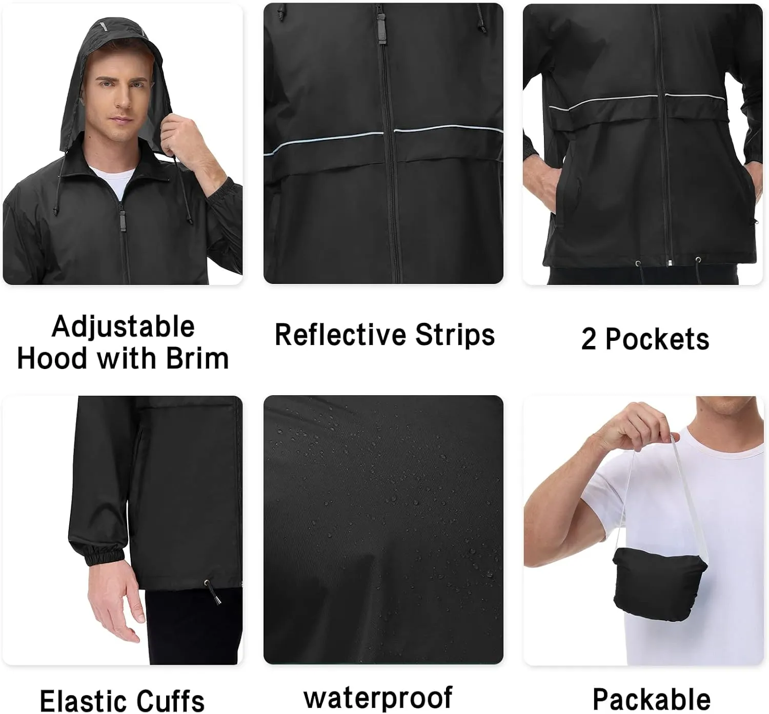 TIHEEN Men's Rain Jacket Cycling Running Jackets Waterproof Raincoat with Hood Windbreaker Hiking Jacket Rain Coat
