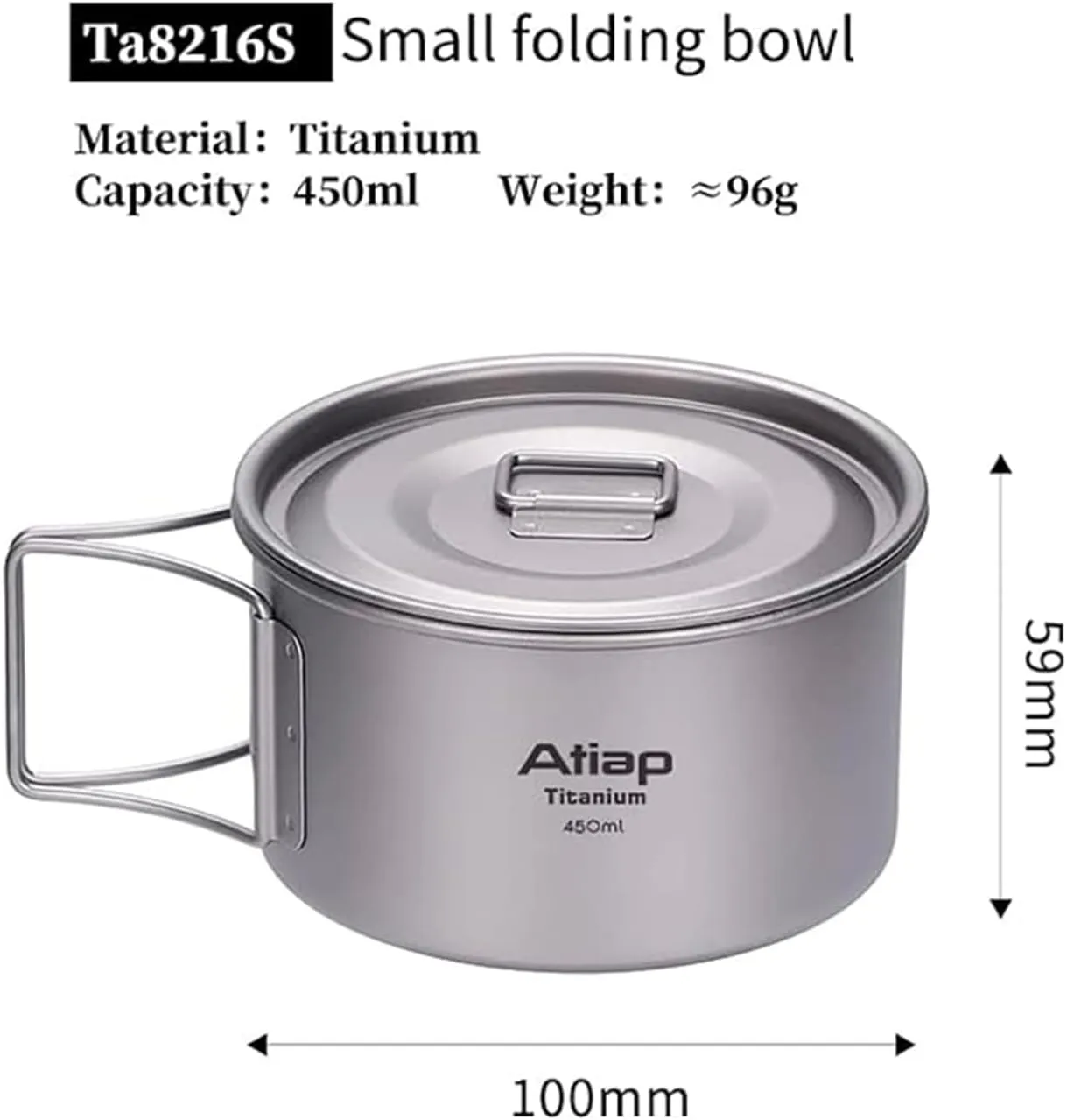 Titanium Bowl Pot with Foldable Handle, Single-Wall Titanium Cooking Tableware Bowl with Folding Handle for Outdoor Camping Hiking Picnic (450ML with Lid)