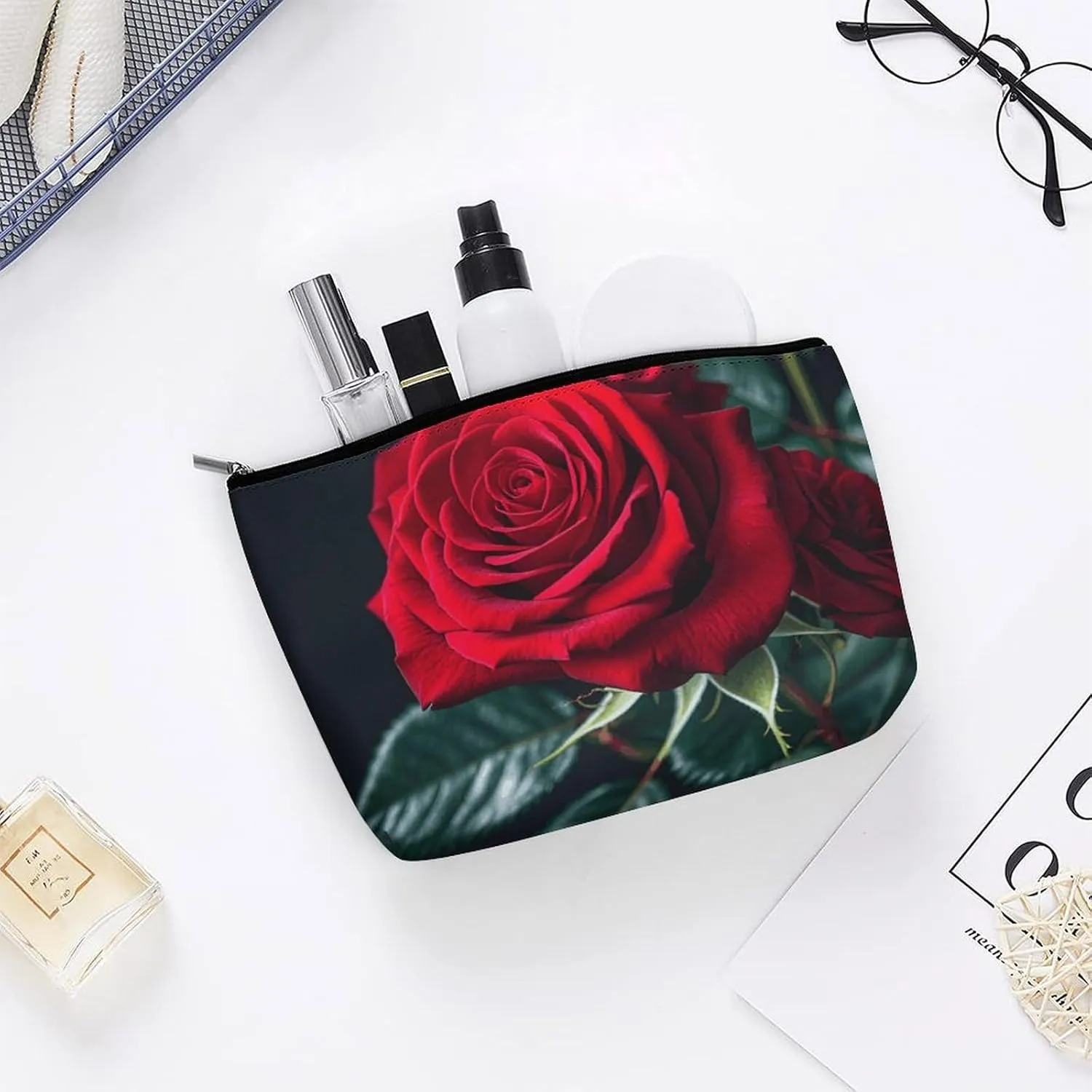 Toiletry Bag for Women Red Rose Black Background Cosmetic Bag Portable Capacity Travel Makeup Bags with Zipper Lightweight Cute Beauty Makeup Organizer for Traveling, Accessories, Essentials