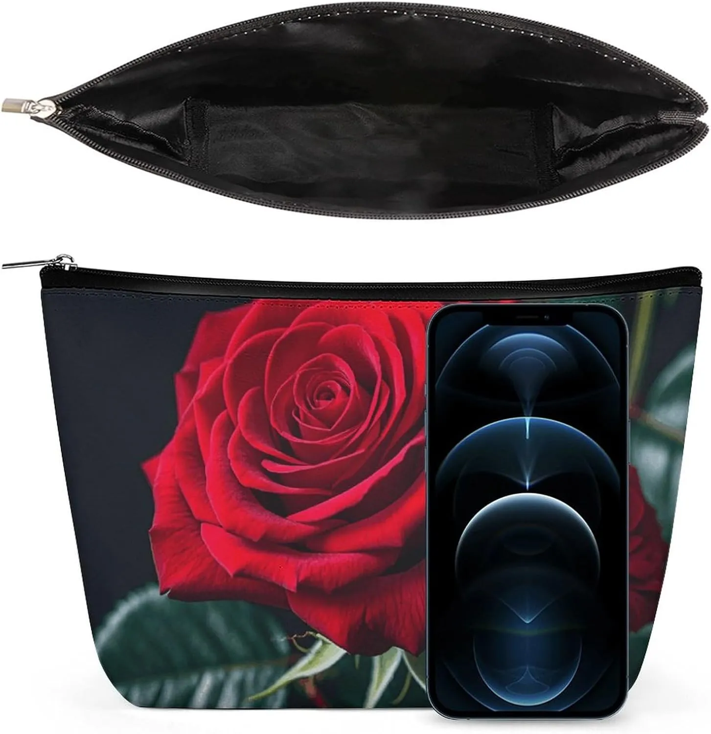 Toiletry Bag for Women Red Rose Black Background Cosmetic Bag Portable Capacity Travel Makeup Bags with Zipper Lightweight Cute Beauty Makeup Organizer for Traveling, Accessories, Essentials