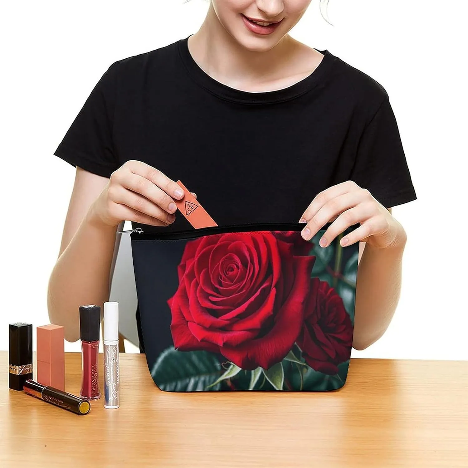 Toiletry Bag for Women Red Rose Black Background Cosmetic Bag Portable Capacity Travel Makeup Bags with Zipper Lightweight Cute Beauty Makeup Organizer for Traveling, Accessories, Essentials
