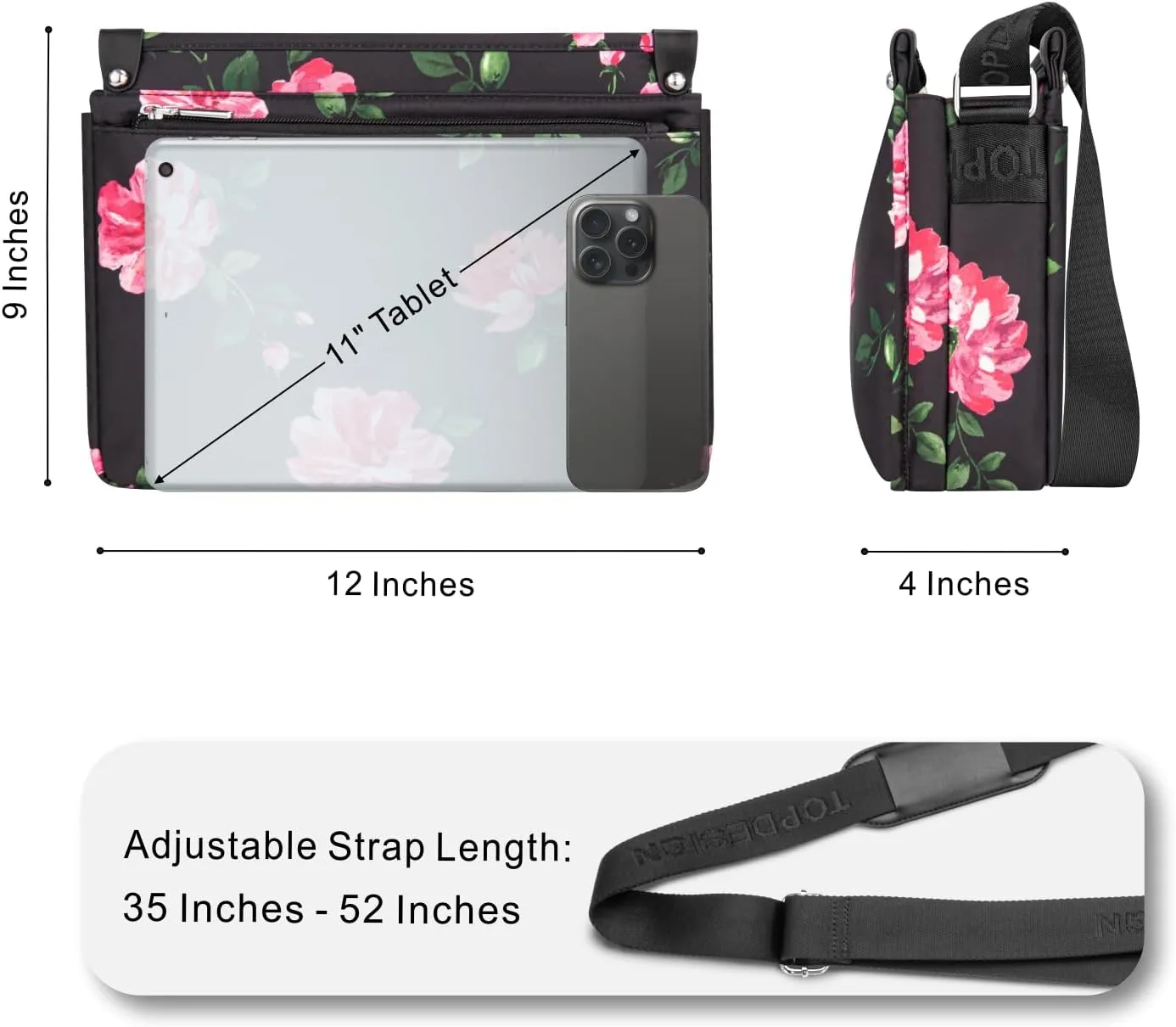 TOPDesign Lightweight Women Crossbody Bag, Shoulder Purse with Multiple Pockets, Triple Zip Handbag with Shoulder Strap