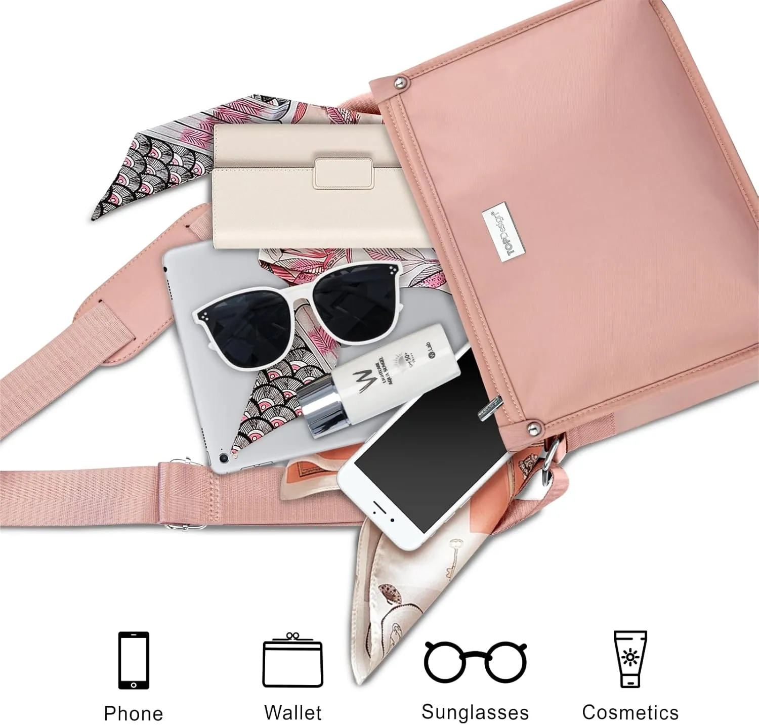TOPDesign Lightweight Women Crossbody Bag, Shoulder Purse with Multiple Pockets, Triple Zip Handbag with Shoulder Strap