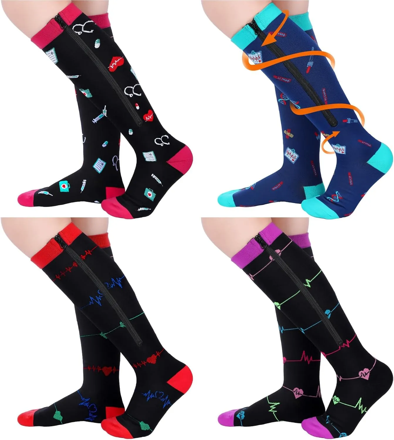 Toulite 4 Pairs Nurse Zipper Compression Socks 20-30 mmHg Closed Toe Zipper Stockings Funny Compression Socks for Women Doctor Pregnant Nurse Day Gift, L/XL
