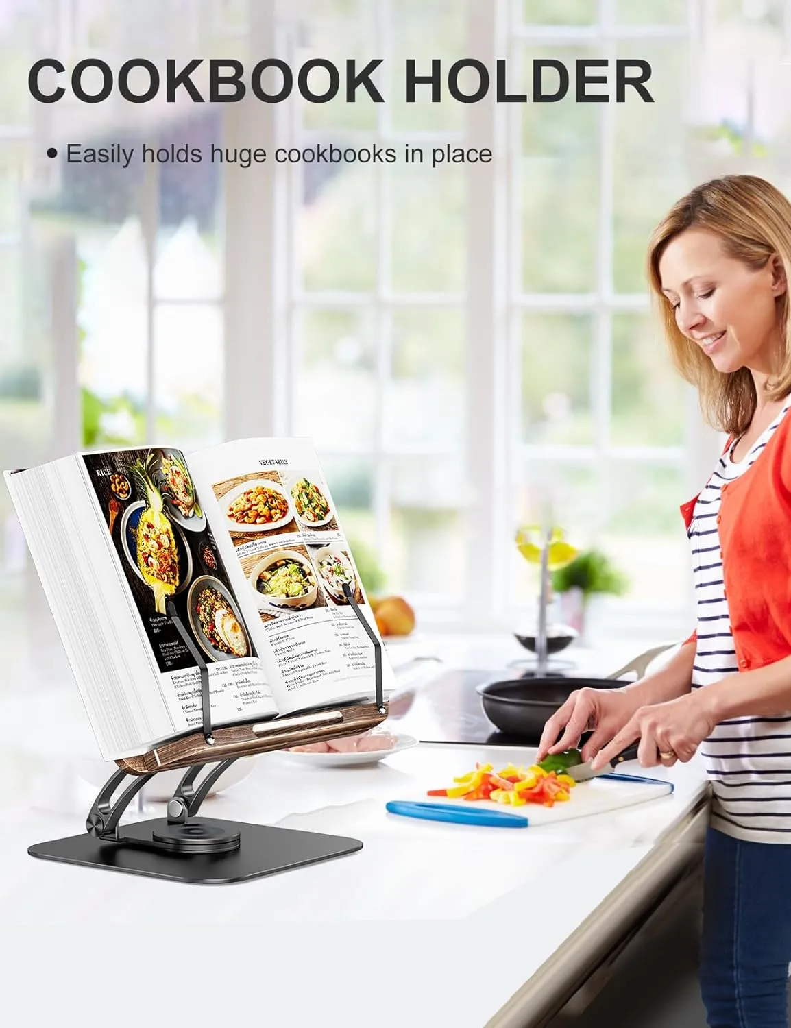 Tounee Book Stand for Reading, Adjustable Book Holder with 360° Swivel Base, Foldable Cookbook Stand Recipe Book Holder with Elastic Page Clips for Music Scores, Recipe, Tablet, Laptop-Black