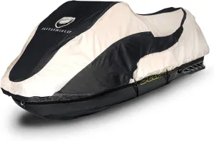 Trailerable Jet Ski Cover, Heavy Duty Waterproof Marine Grade 600D Solution-Dyed Polyester PWC Cover, Fits from 136" to 145" 3 Seater, Two Tone Black/Gray Color