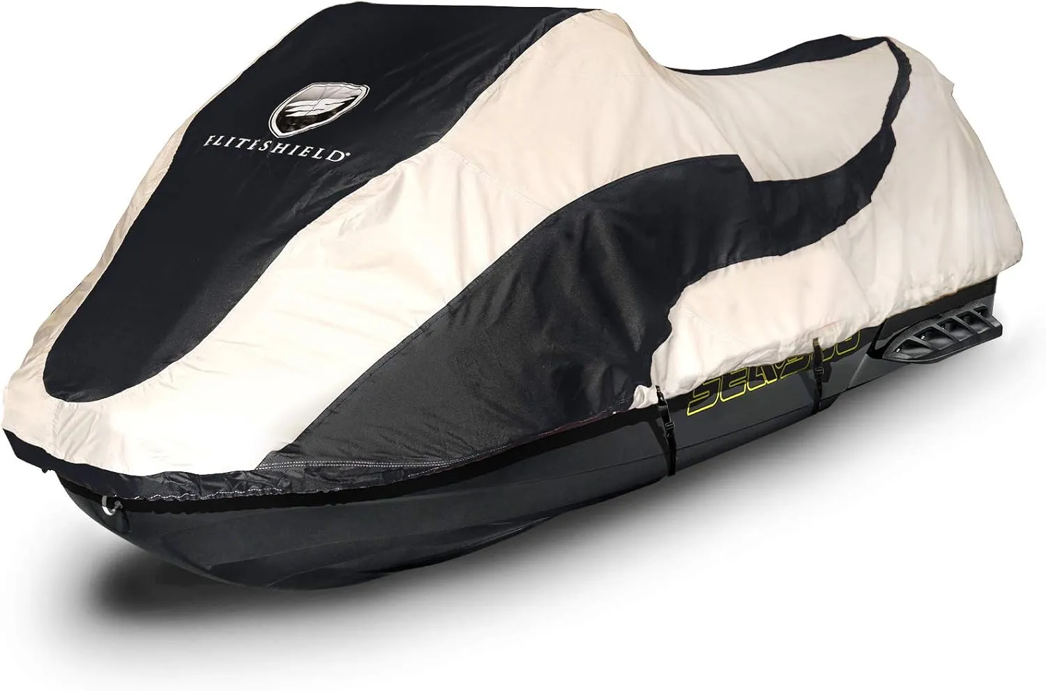 Trailerable Jet Ski Cover, Heavy Duty Waterproof Marine Grade 600D Solution-Dyed Polyester PWC Cover, Fits from 136" to 145" 3 Seater, Two Tone Black/Gray Color