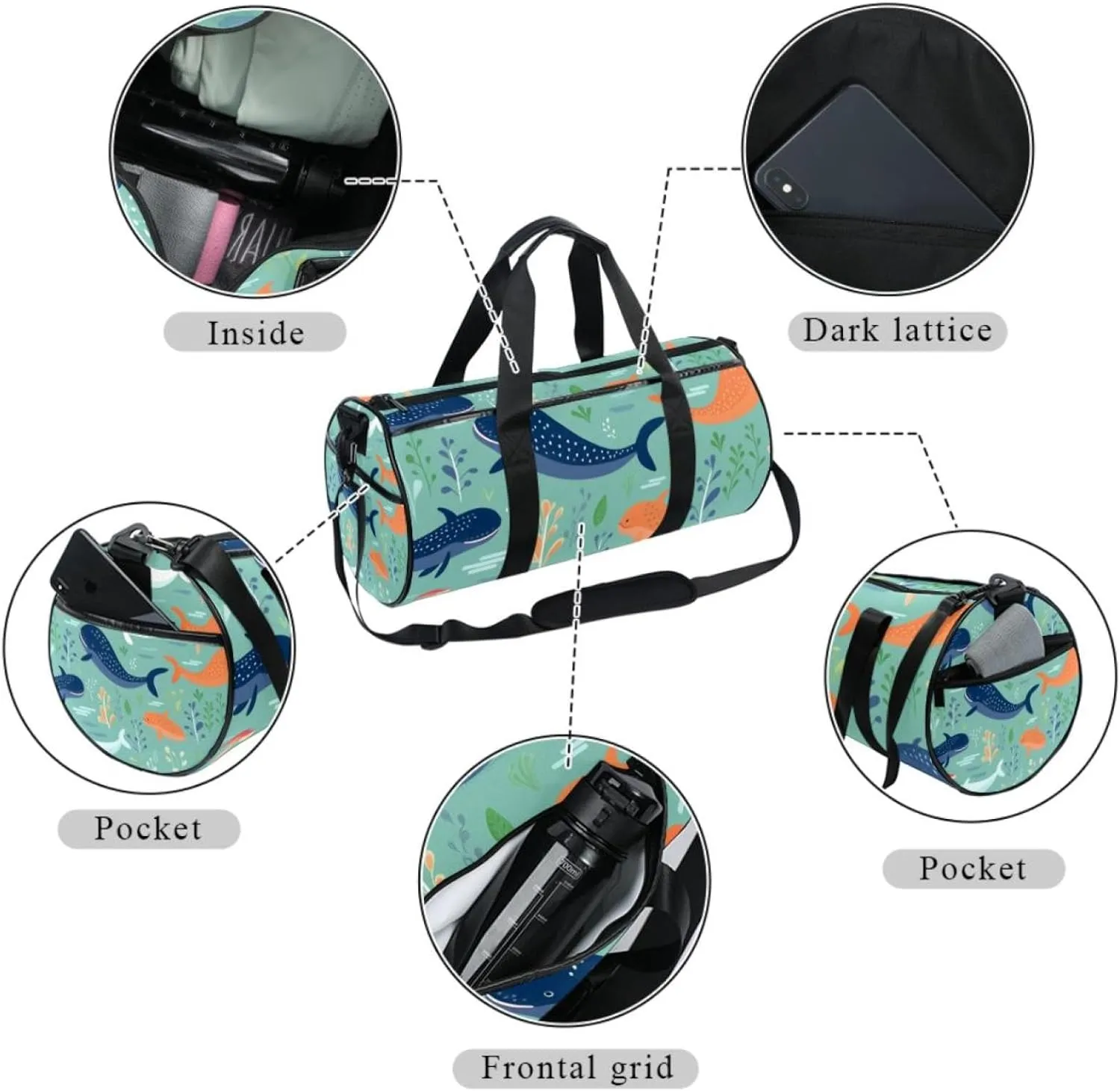 Travel Bag,Mens Gym Bag,Womens Gym Bag,Sea Wave Whales Cute,Sports Bag