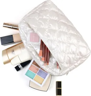 Travel Cosmetic Bag, Portable Waterproof Makeup Bag with Zipper Quilted Make Up Organizer Pouch Puffer Toiletry Bag Classy Gift for Women Daily Travel Use (White)