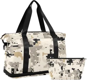 Travel Duffel Bag Black Grey Mosaic Pattern Foldable Sports Tote Gym Bag with Shoe & Wet Compartment Shoulder Carry on Luggage Duffel Weekender Overnight for Men Women