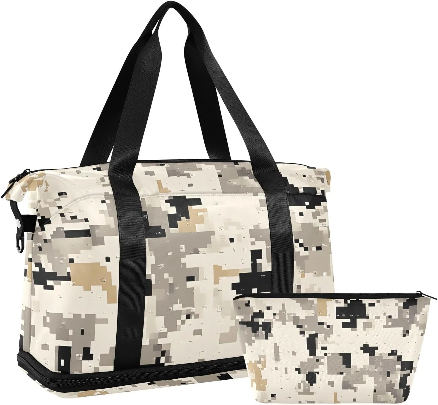 Travel Duffel Bag Black Grey Mosaic Pattern Foldable Sports Tote Gym Bag with Shoe & Wet Compartment Shoulder Carry on Luggage Duffel Weekender Overnight for Men Women