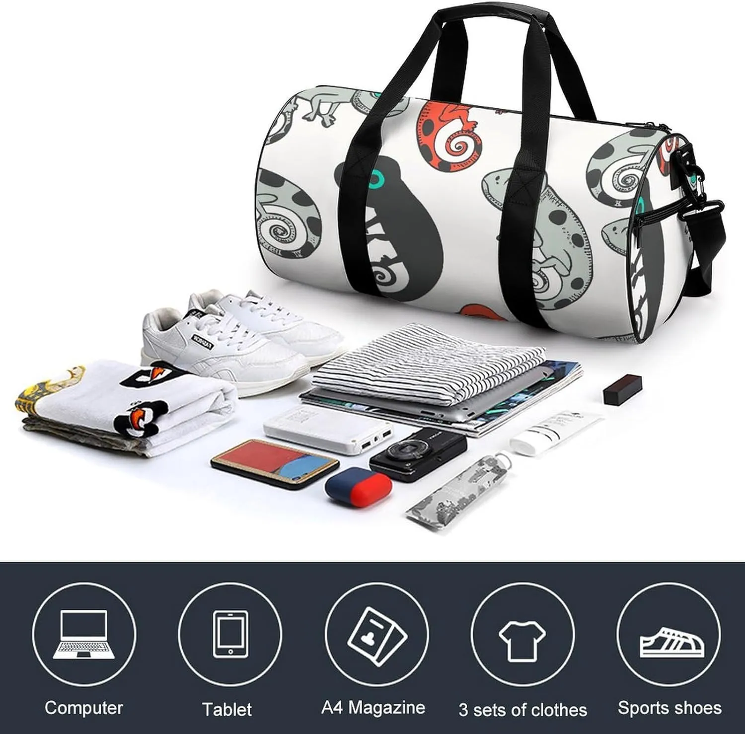 Travel Duffel Bag for Men And Women,Cartoon Chameleon Pattern Waterproof Sports Fitness Bag Portable Travel Duffel Bag