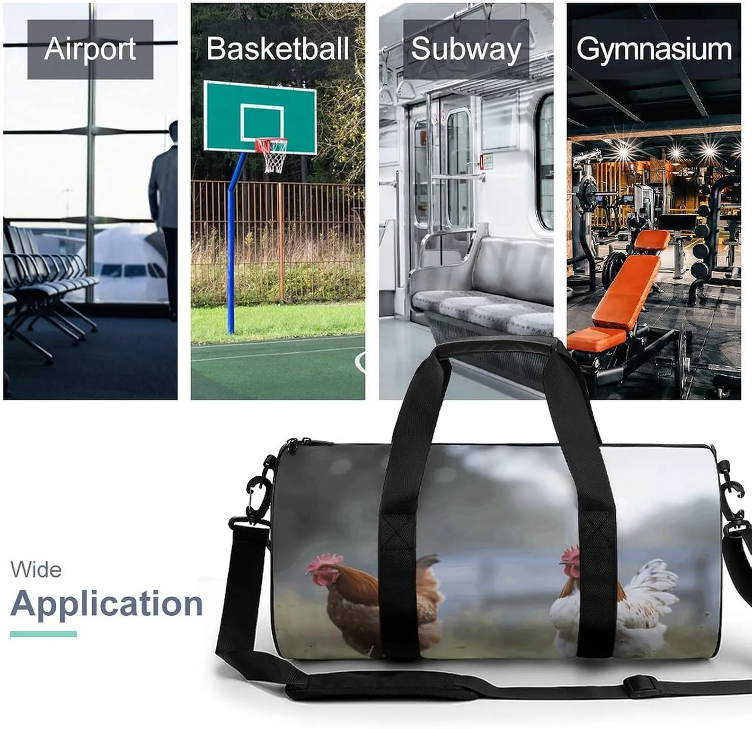 Travel Duffel Bag for Men And Women,Chicken on The Grass Waterproof Sports Fitness Bag Portable Travel Duffel Bag, 17.7in/9in/9in