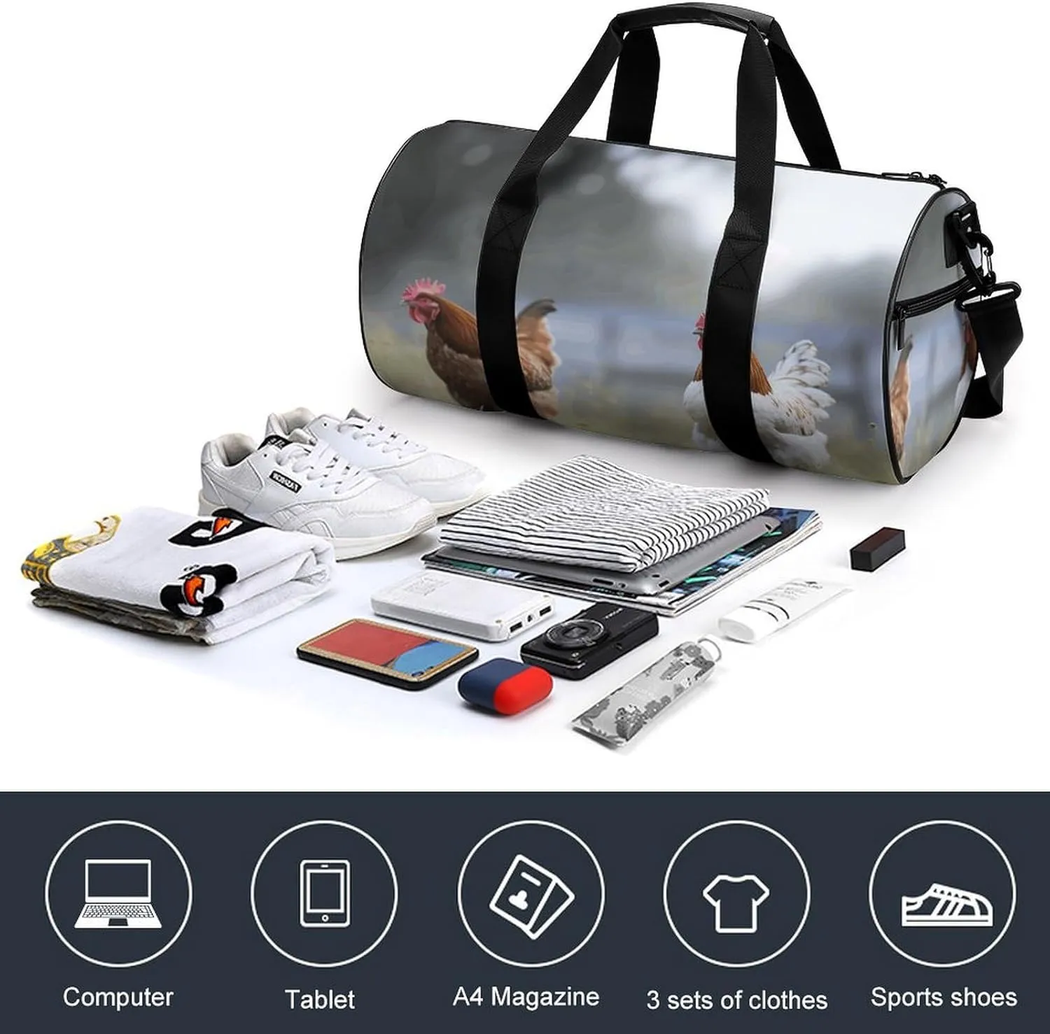 Travel Duffel Bag for Men And Women,Chicken on The Grass Waterproof Sports Fitness Bag Portable Travel Duffel Bag, 17.7in/9in/9in