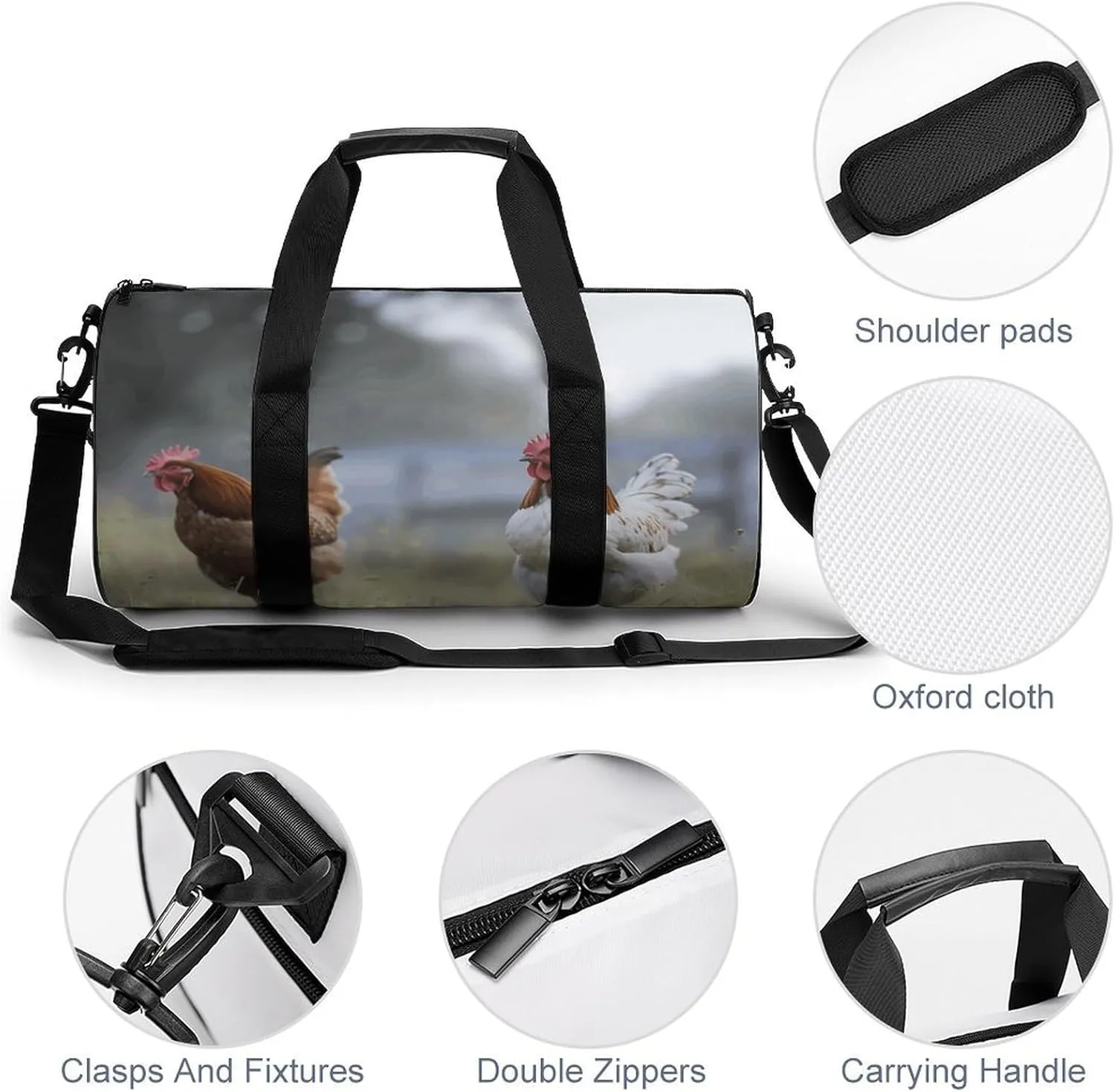 Travel Duffel Bag for Men And Women,Chicken on The Grass Waterproof Sports Fitness Bag Portable Travel Duffel Bag, 17.7in/9in/9in